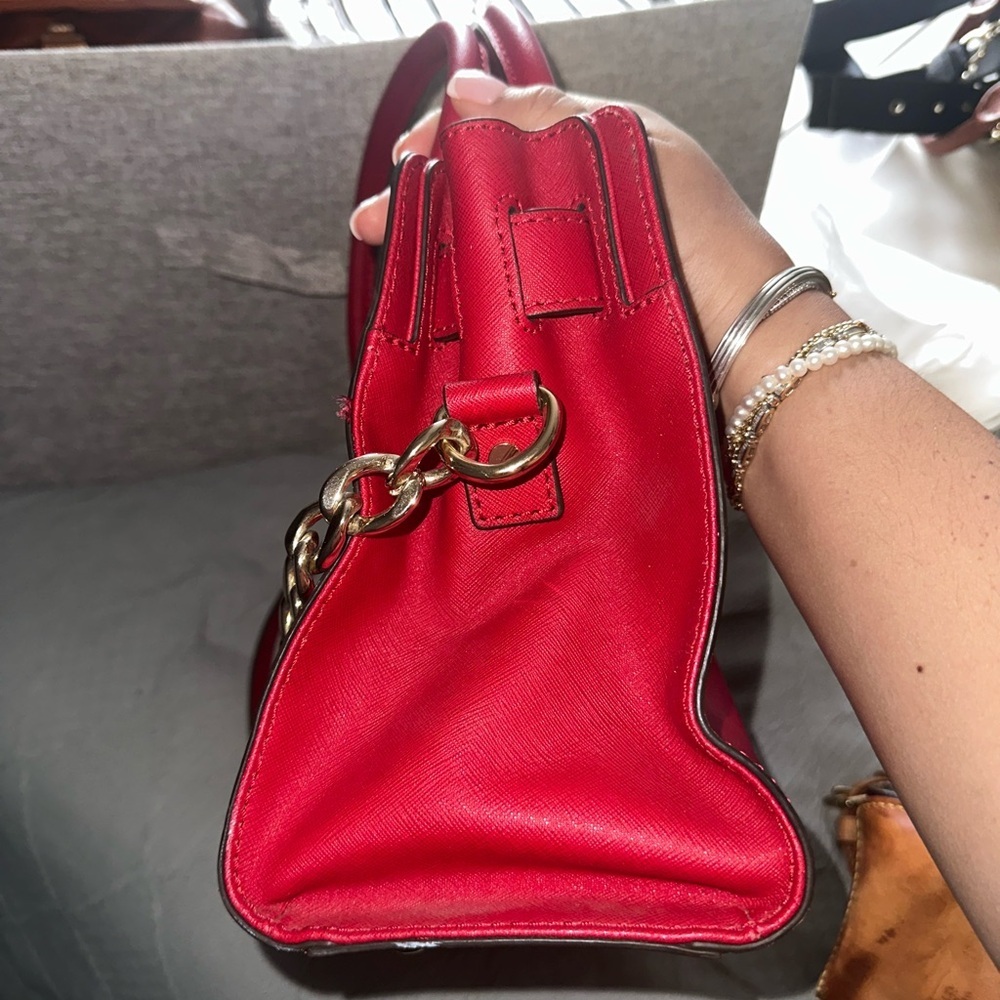 Red leather shoulder bag top handle satchel bag Michael Kors Hamilton purse - Picture 7 of 13
